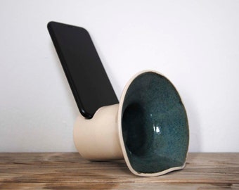 Ceramic speaker. Wheel thrown with blue glaze on the inside