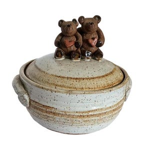 Handmade covered pottery serving bowl with adorable teddy bear top!