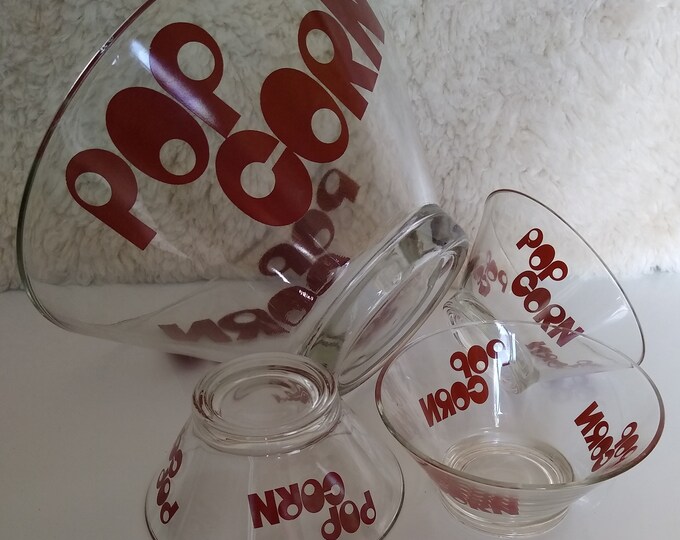 Large Wheaton Glass Popcorn Bowl With Three Small Popcorn Etsy
