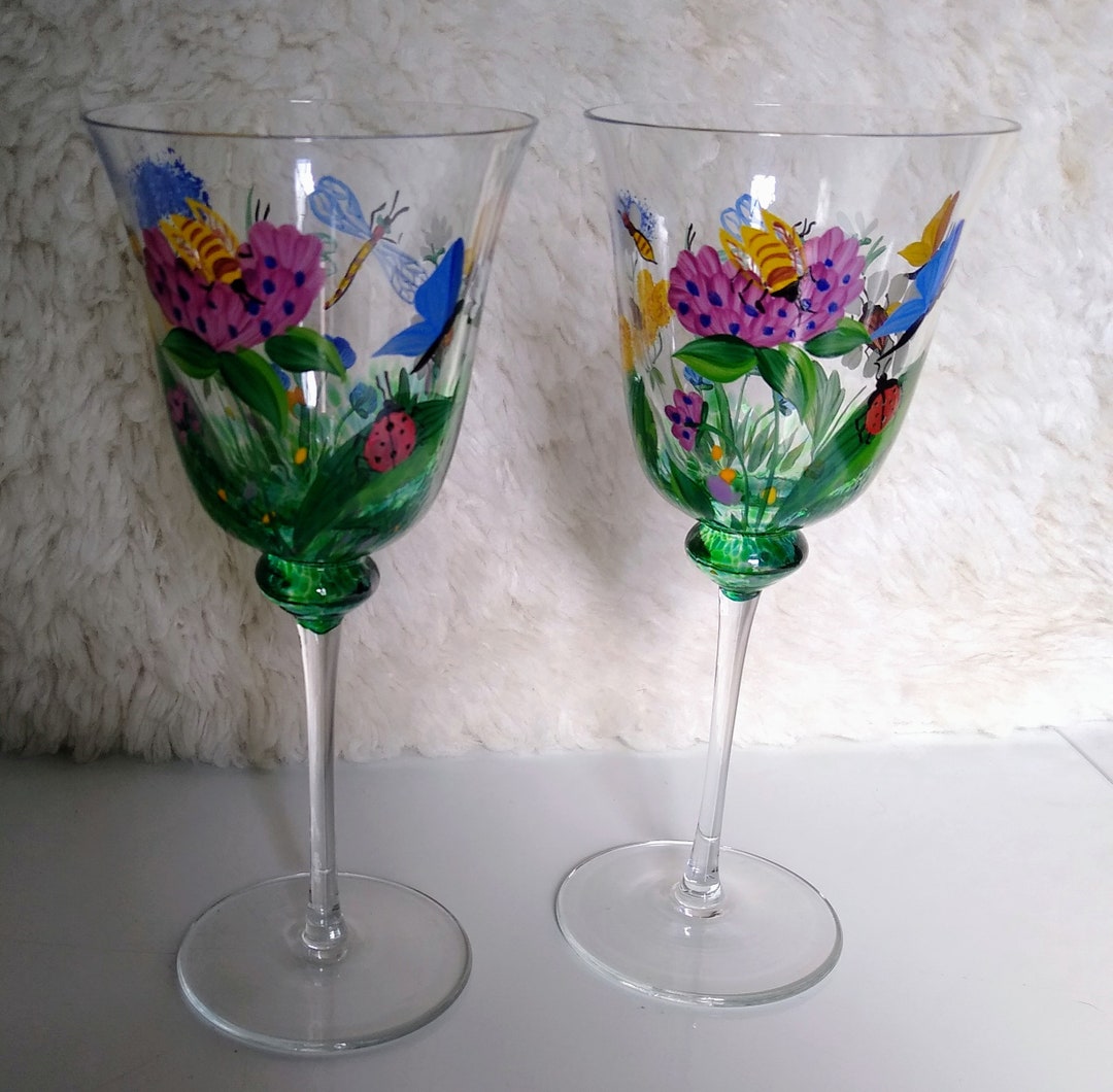 2 Vintage Hand Painted Stemmed Wine Glasses Etsy