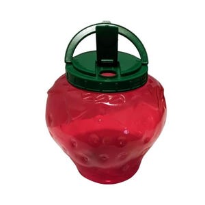 May include: A red, strawberry-shaped water bottle with a green lid and handle. The bottle has a textured surface and a flip-top lid. The handle is arched and allows for easy carrying. The bottle is designed to resemble a strawberry.