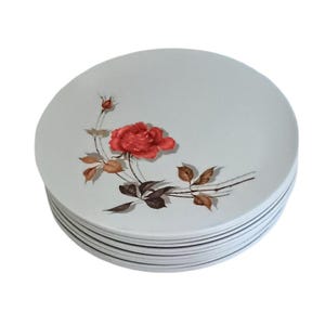 Op de afbeelding: Een stapel witte keramische dinerborden met een bloemenmotief met een rode roos en bruine bladeren.