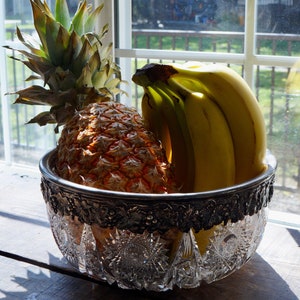 Large Sterling American Brilliant Cut Crystal Glass Fruit Bowl Antique Vintage Silver Grape Vine
