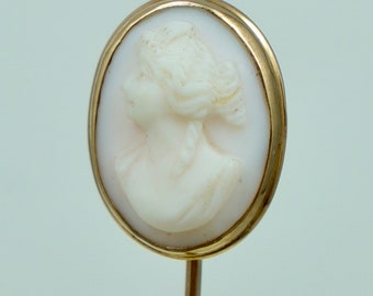 Antique 10K Carved Shell Woman Portrait Cameo Stick Pin Brooch Vintage Stickpin