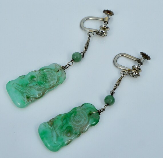 18K Belais Green Jadeite Jade Dangle Earrings Art… - image 2