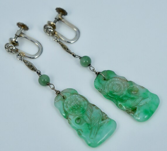 18K Belais Green Jadeite Jade Dangle Earrings Art… - image 1