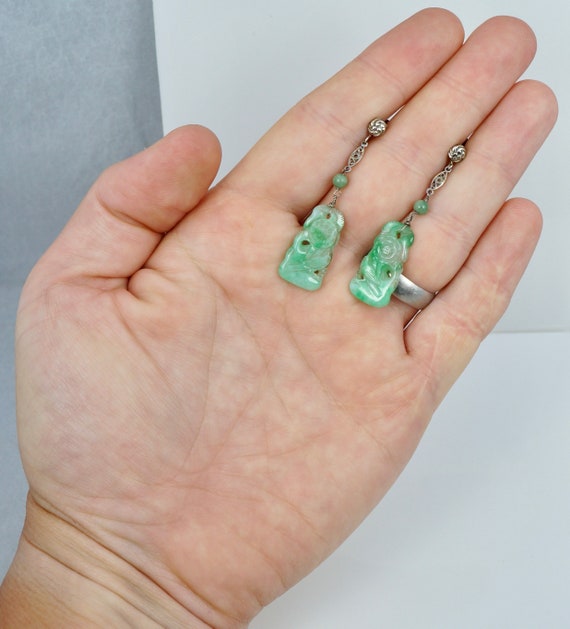 18K Belais Green Jadeite Jade Dangle Earrings Art… - image 4
