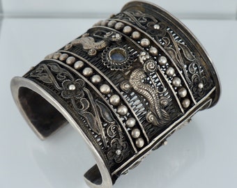 229g French Indochina Silver Dragon Filigree Cuff Bracelet Chinese Export Sterling