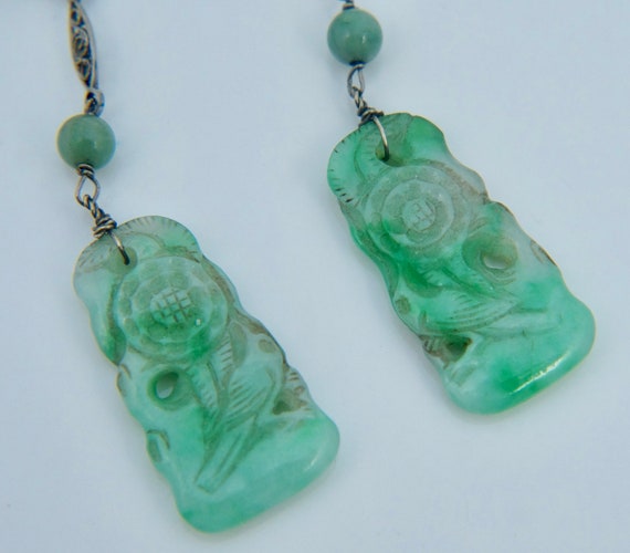 18K Belais Green Jadeite Jade Dangle Earrings Art… - image 6