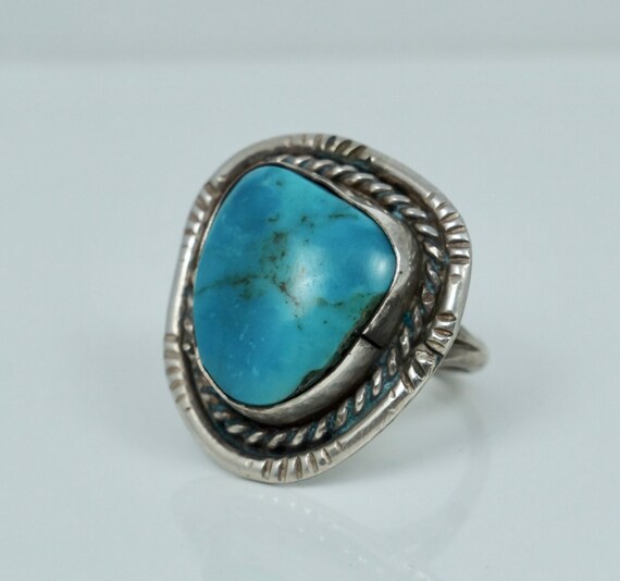 Cute Early Vintage Native American Navajo Turquoise Sterling Silver Coil Ring Old Cute Early Vintage Native American Navajo Turquoise Sterling Silver Coil Ring Old
