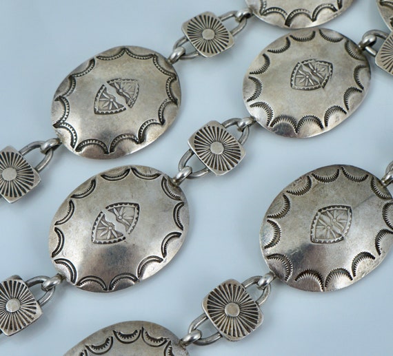 Early Heavy Vintage Native American Navajo Hand Tooled Sterling Silver Concho Belt Old Early Heavy Vintage Native American Navajo Hand Tooled Sterling Silver Concho Belt Old