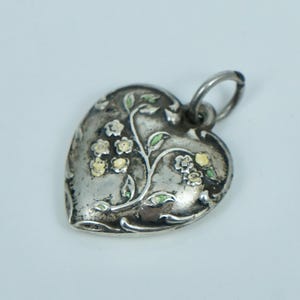 Antique Sterling Enamel Floral Puffy Heart Charm Pendant Green Yellow Vintage
