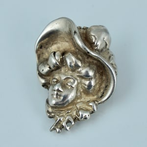 Sterling Art Nouveau Figural Woman Profile Face Pin Brooch Vintage Antique Silver Heavy