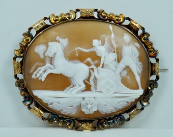 c1860 HUGE Alexander the Great 14K Antique Shell Cameo Georgian Victorian Vintage Pin Brooch Pendant for Necklace Nike Greek