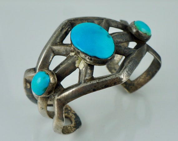 Navajo Sterling Native American Sand Cast Turquoi… - image 1