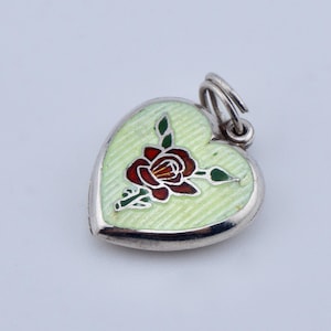 Vintage Sterling Green Enamel Sterling Silver Puffy Heart Charm Rose Floral