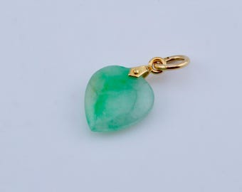 18K Green Jadeite Jade Vintage Carved Heart Charm Pendant Yellow Gold #2