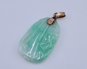Antique 14K Green Jadeite Jade Pendant Vintage Yellow Gold Art Deco Chinese Export