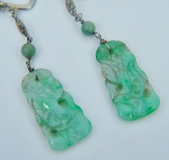 18K Belais Green Jadeite Jade Dangle Earrings Art… - image 3
