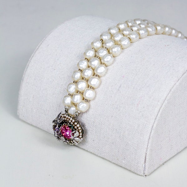 Bracelet Robert De Mario NY vintage des années 40 en fausses perles et strass roses