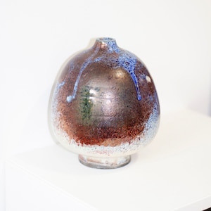 Vintage 1970s Signed Raku Ceramic Brown Blue Green and White Splatter Pottery Vase