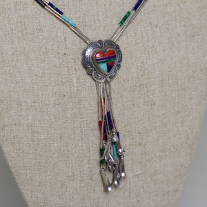 Vintage Signed QT Southwest 4 Strand Sterling Silver Multi Stone Inlaid Heart Necklace