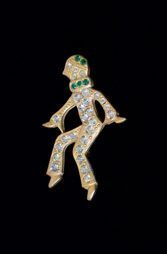 1940s Gold Toned Metal And Rhinestone Pierrot Broo