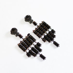 Vintage 1960s Austrian Black and Copper Faceted Glass Dangly Drop Statement Clip On Earrings