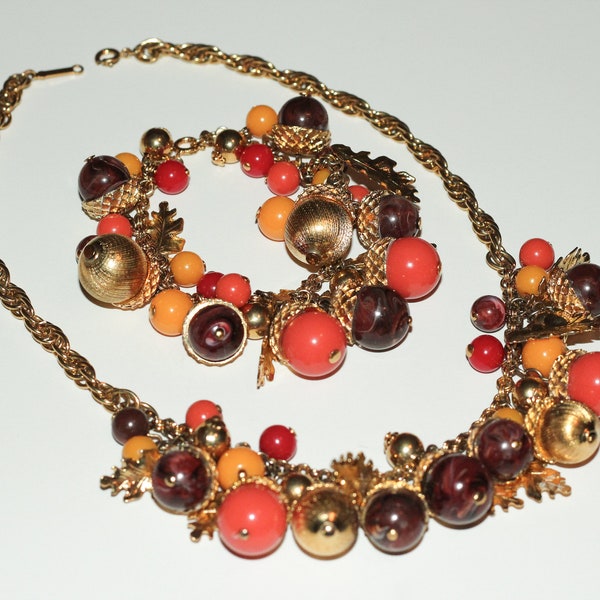 Vintage 1990s D'orlan Gold Tone Fall Leaf and Acorn Charm Bracelet and Necklace Set