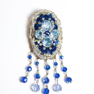 Vintage 1960s Unmarked Kramer Ornate Statement Blue Faceted Rhinestone and Bead  Tassel Brooch