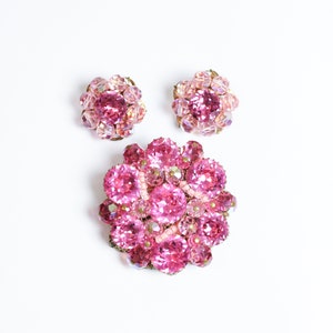 Vintage 1960s Unmarked Kramer Ornate Pink Aurora Borealis Rhinestone and Glass Flower Brooch and Clip-On Earring Matching Set
