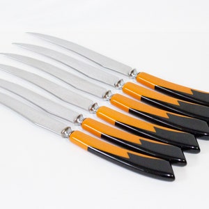 Vintage Knives Set of 6 Serrated Stainless Steel Black Plastic Handle US  Retro