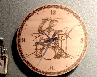 Turtle Playing Drums Laser Engraved Wood Clock