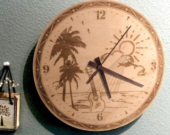 Ukulele on Beach Laser Engraved Wood Clock