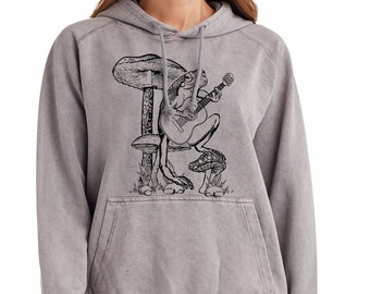 Frog Playing Guitar on Vintage Raglan Hooded Sweatshirt