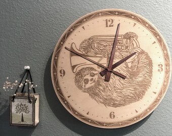 Sloth Playing Tuba Laser Engraved Wood Clock
