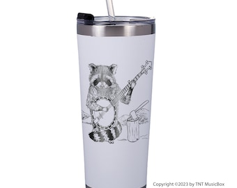 Raccoon Playing Banjo Tumbler or Mug: Stainless Steel Insulated