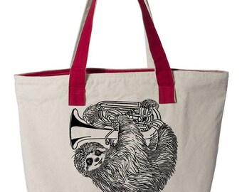 Sloth Playing Tuba, Musician's Canvas Tote