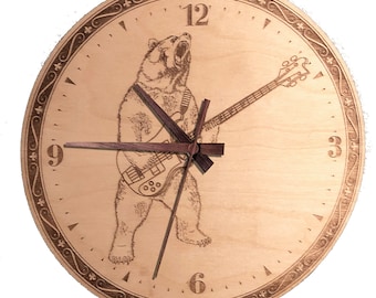 Bear Playing Bass Guitar Laser Engraved Wood Clock