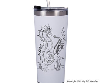 Seahorse Playing Saxophone 20 0z. Stainless Steel double wall vacuum insulated Tumblers  and 12 oz. Mug