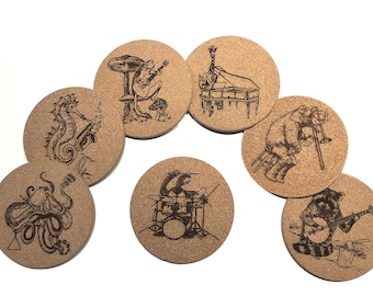 Animals Playing Musical Instruments Laser Engraved Cork Coasters