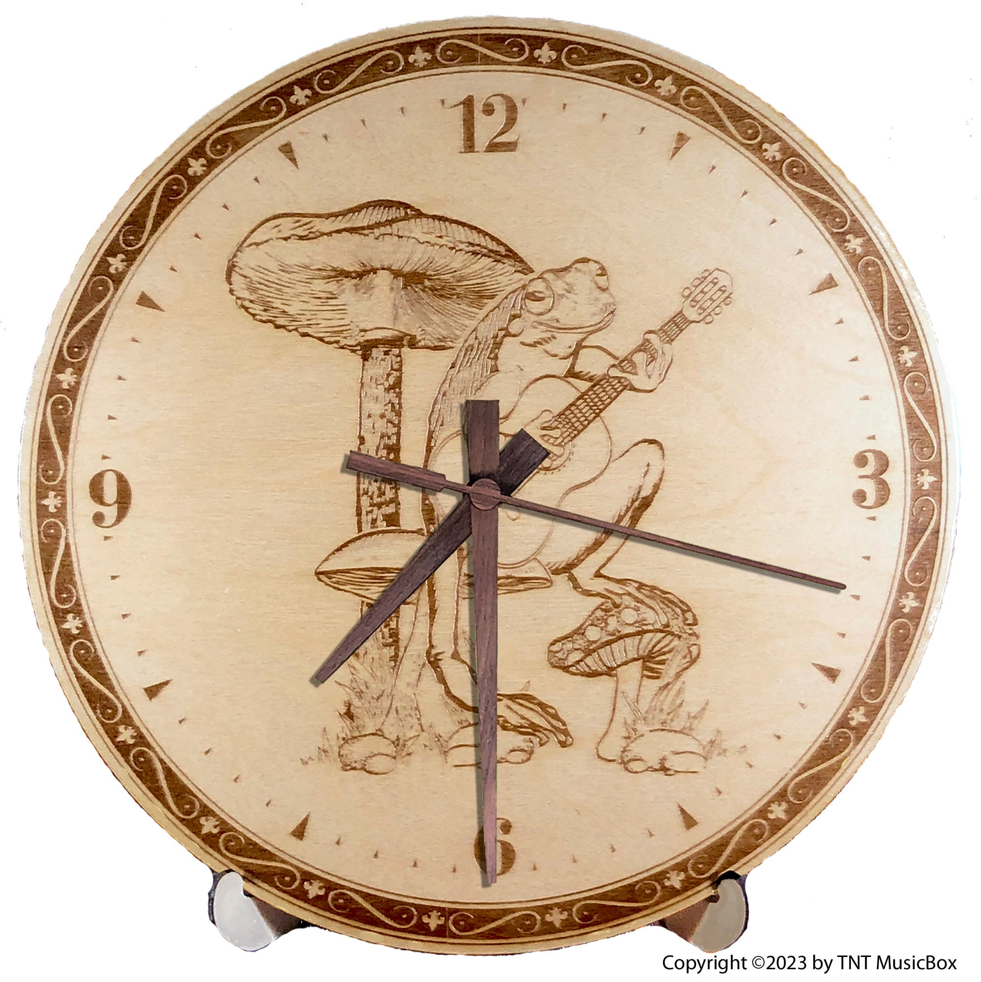 Horloge en bois gravée au laser Grenouille jouant de la guitare