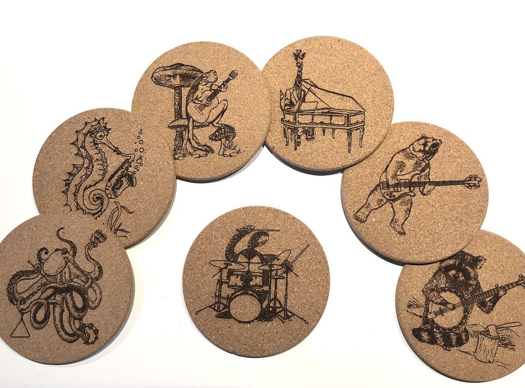 Animals Playing Musical Instruments Laser Engraved Cork Coasters - Etsy