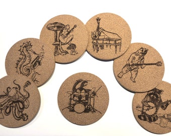 Animals Playing Musical Instruments Laser Engraved Cork Coasters