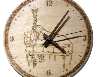 Giraffe Playing Piano Laser Engraved Wood Clock