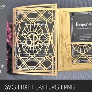 アールデコ 20 年代 ウェディング 三つ折り ポケット 招待状 5x7 RSVP カード 封筒 ベクトル SVG Dxf Eps シルエット ペーパー DAY ペーパー レーザーカット テンプレート セット