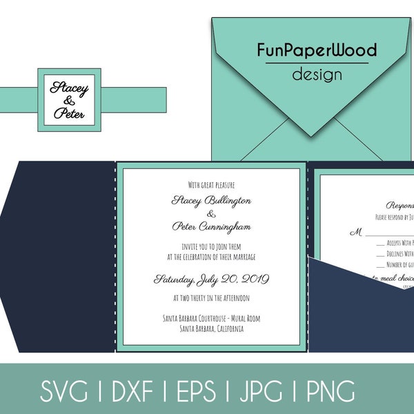 Set Classic Pocket Tri Fold Wedding Invitation Square Envelope 6x6 in RSVP Card Vector Svg Dxf Eps Pdf Silhouette Cricut Laser Cut Template