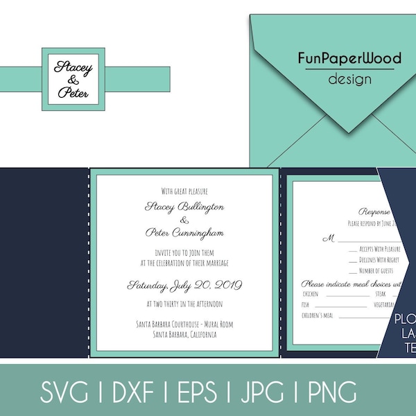 Set Classic Tri Fold Pocket Wedding Invitation Square Envelope 6x6 in RSVP Card Vector Svg Dxf Eps Pdf Silhouette Cricut Laser Cut Template