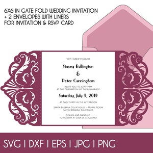 Gate-Fold Square Wedding Invitation Cut Template Swirl Lace 6x6 in Card Envelope SVG DXF Eps Paper Papercut Cricut Silhouette Laser Cut File