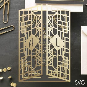 アールデコ調のウェディングゲートフォールド招待状 SVG Dxf EPS ファイル | DIY プロッター Cricut Silhouette Brother Design & レーザーカットマシン テンプレート 5 x 7 インチ